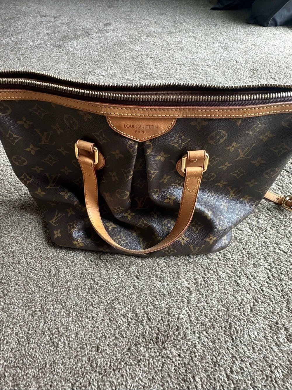 Louis Vuitton Monogram Canvas Tote in Dark Brown with Tan Leather Trim Authentic
